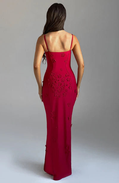 Red Lined Spaghetti Strap's Uniquely Decorated Long Front Slit Formal Prom Dress